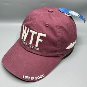 WTF What The Fish? Hat Cap Life Is Good Burgundy Red Adjustable Cotton Adult NWT